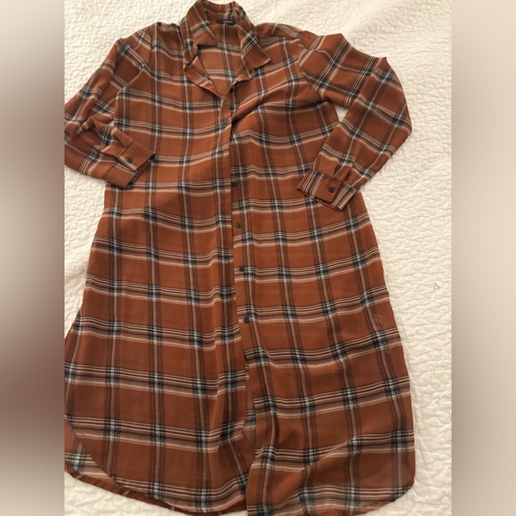 Forever 21 Plaid Sheer Longline Tunic Duster Shirt Cardigan Brown Boho Size M - Picture 8 of 9